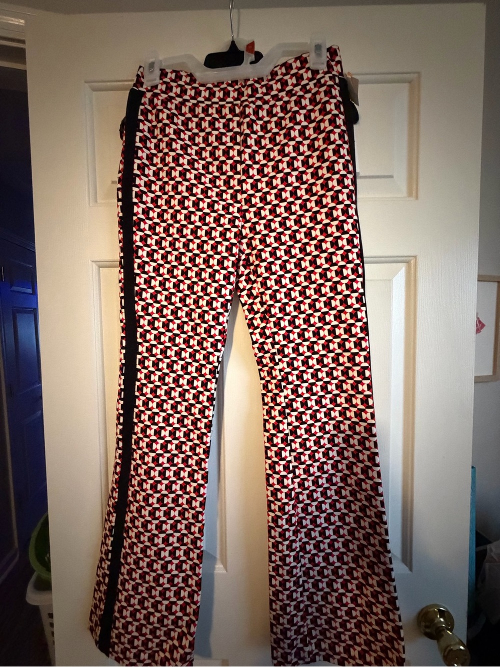 Mauve Geometric Boot-Cut Pants in Red, Black & White